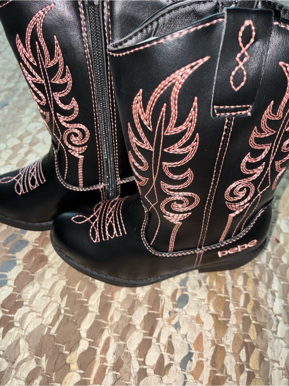 bebe Black Western Heeled Boots with Pink Embroidery